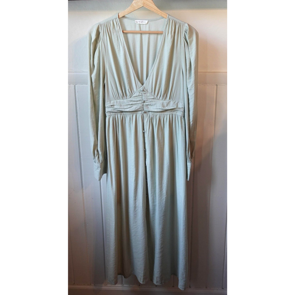 By The River Dress Womens Small‎ Green Maxi Long Sleeve V Neck Button Front Boho